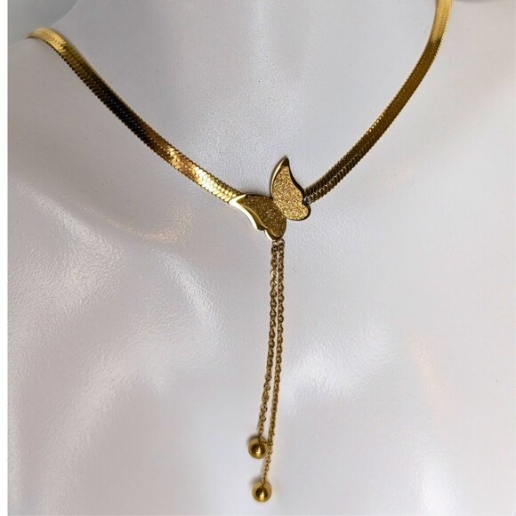 18K Gold Necklace Butterfly Serpentine Chain 16" Length Butterflies Lobster Claw - Picture 1 of 5